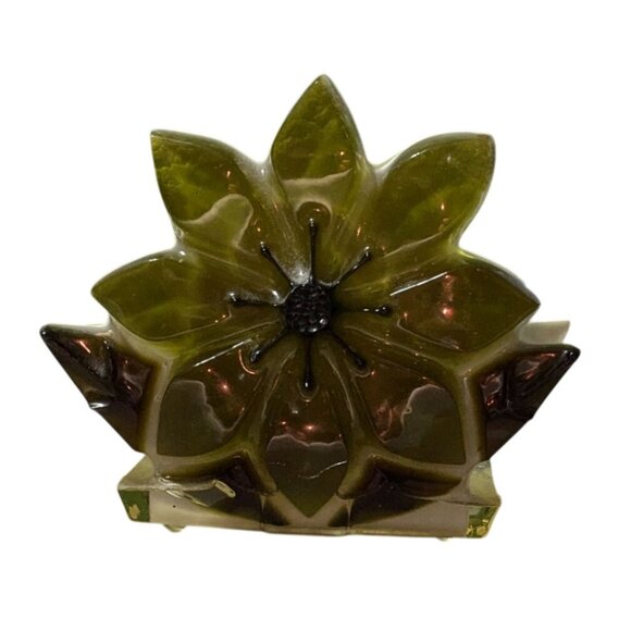 Vintage Resin Flower Napkin/Letter Holder Green & Brown Handmade MCM - Picture 11 of 15